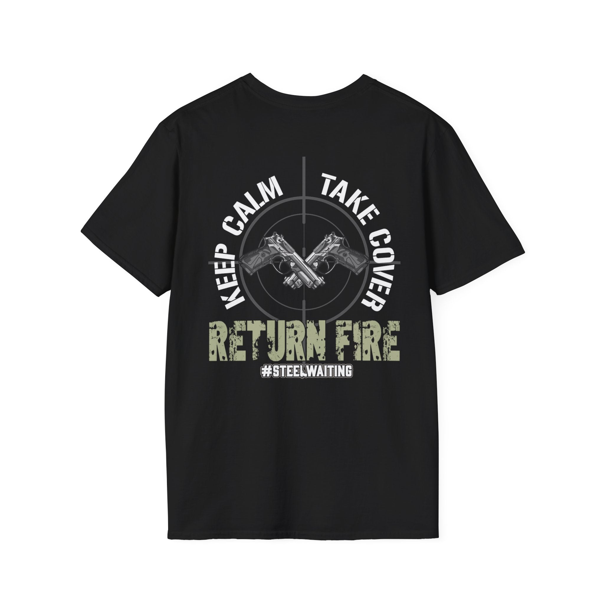 Return Fire Graphic T-Shirt — Crossed Pistols Military Camouflage Design