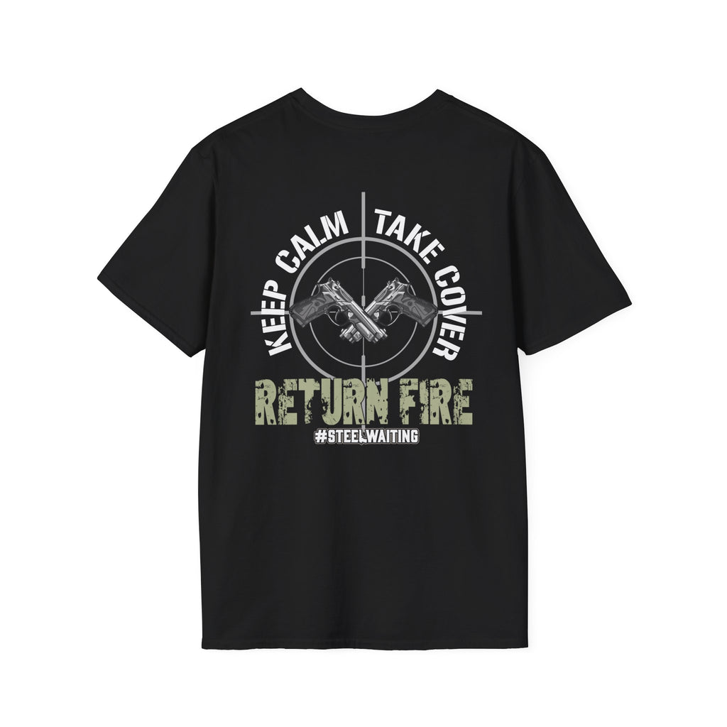 Return Fire Graphic T-Shirt — Crossed Pistols Military Camouflage Design