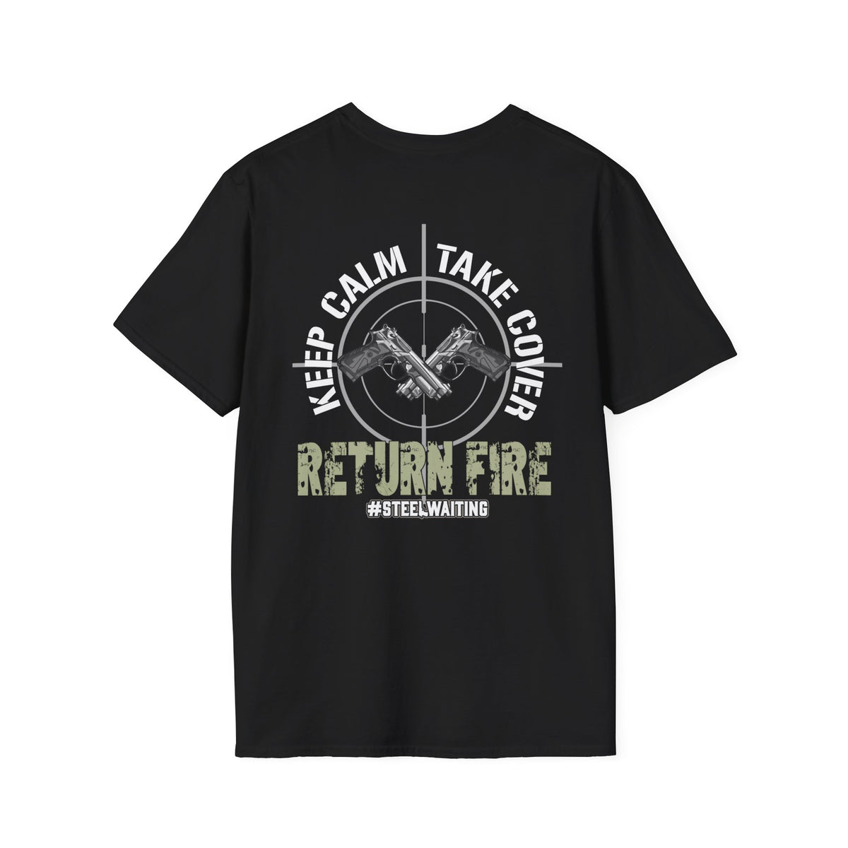 Return Fire Graphic T-Shirt — Crossed Pistols Military Camouflage Design