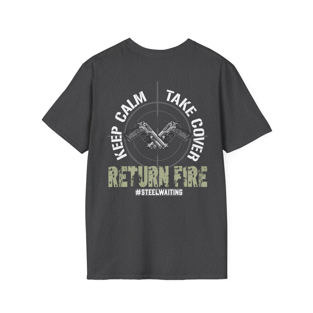 Return Fire Graphic T-Shirt — Crossed Pistols Military Camouflage Design