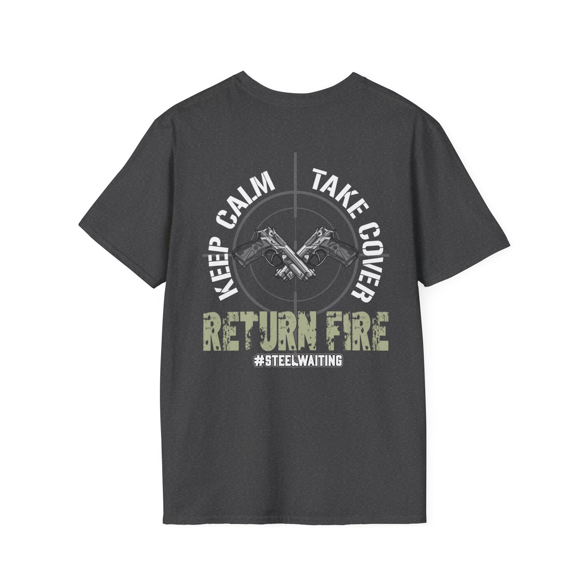 Return Fire Graphic T-Shirt — Crossed Pistols Military Camouflage Design