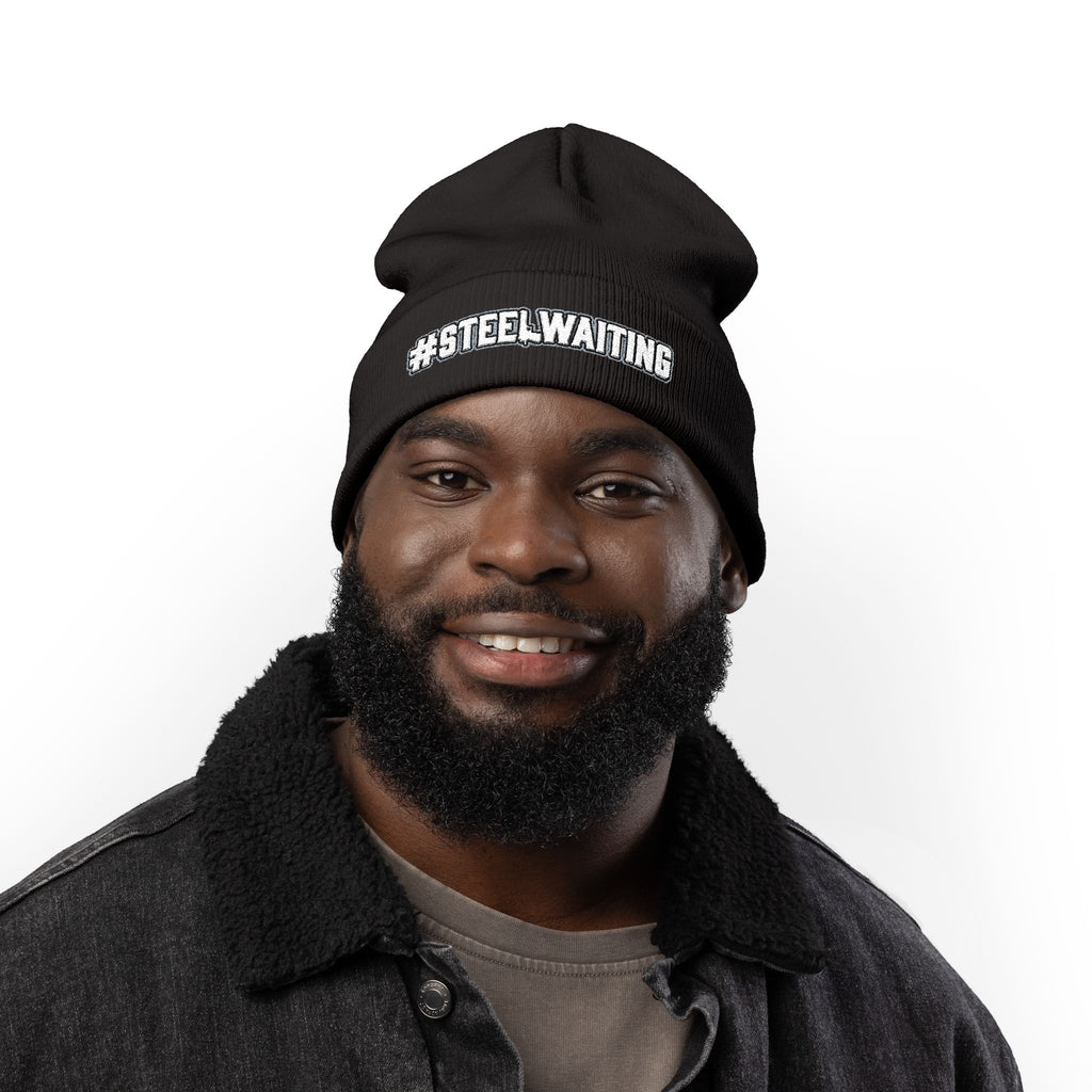 #STEELWAITING Embroidered Knit Beanie — Cozy Black Cuffed Hat for Second amendment enthusiasts