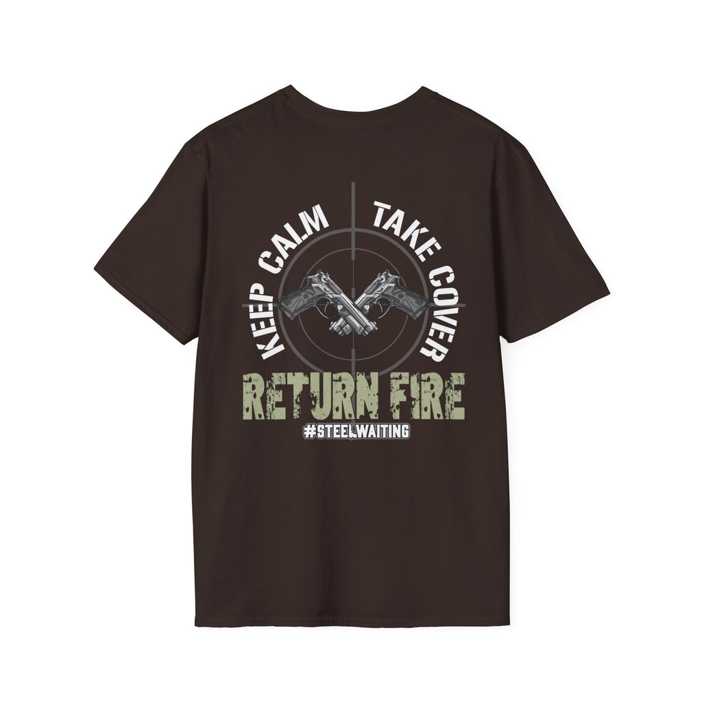 Return Fire Graphic T-Shirt — Crossed Pistols Military Camouflage Design